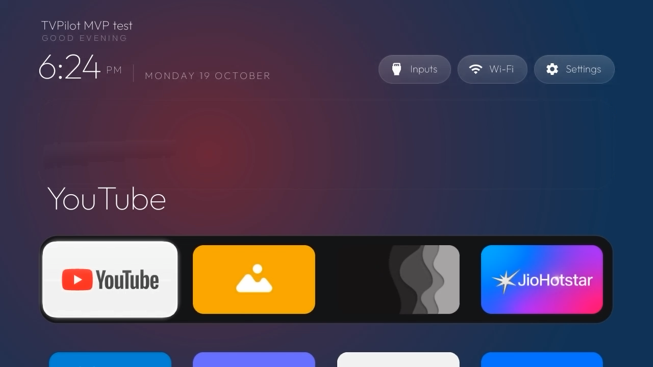TVPilot Home from an earlier development build, with four selected apps in the dock